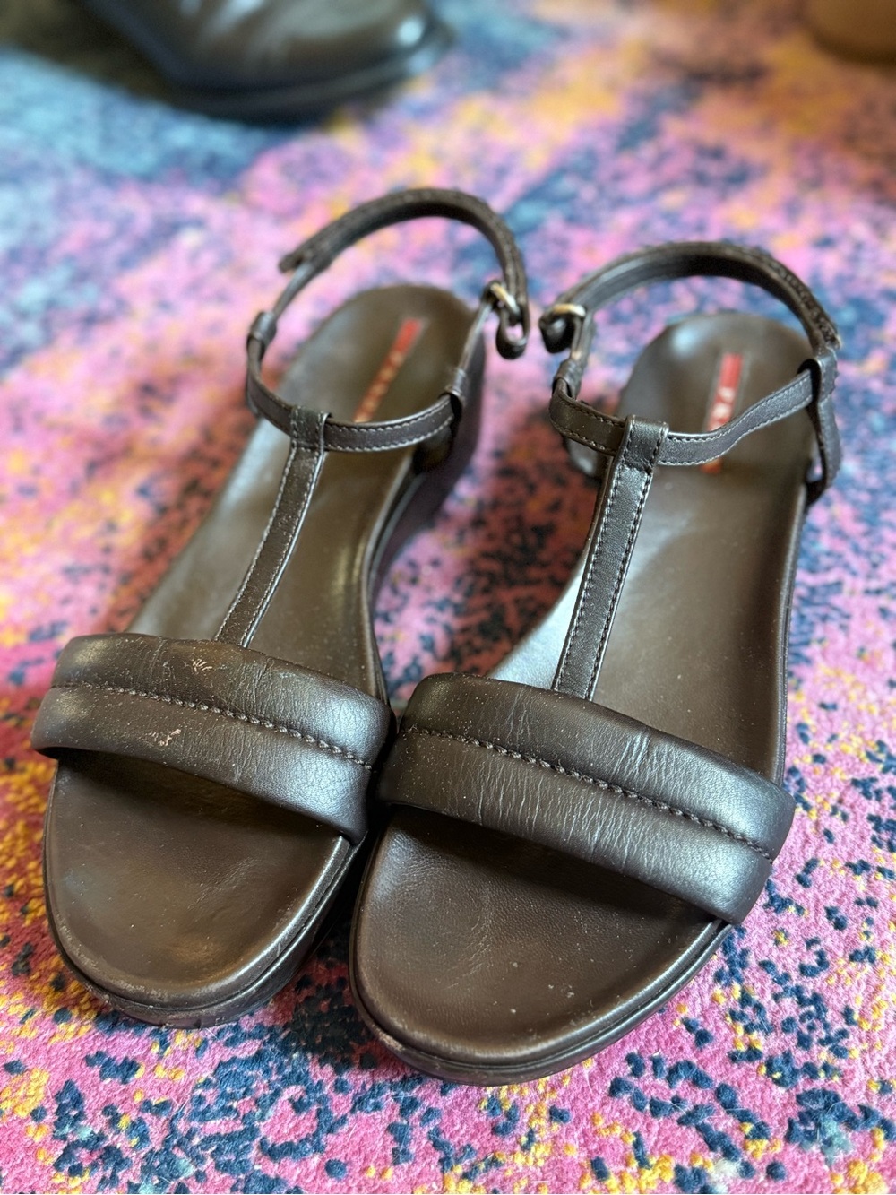 Vintage Prada Sport Linea Rossa Brown Leather T-Strap Wedge Sandals 90s